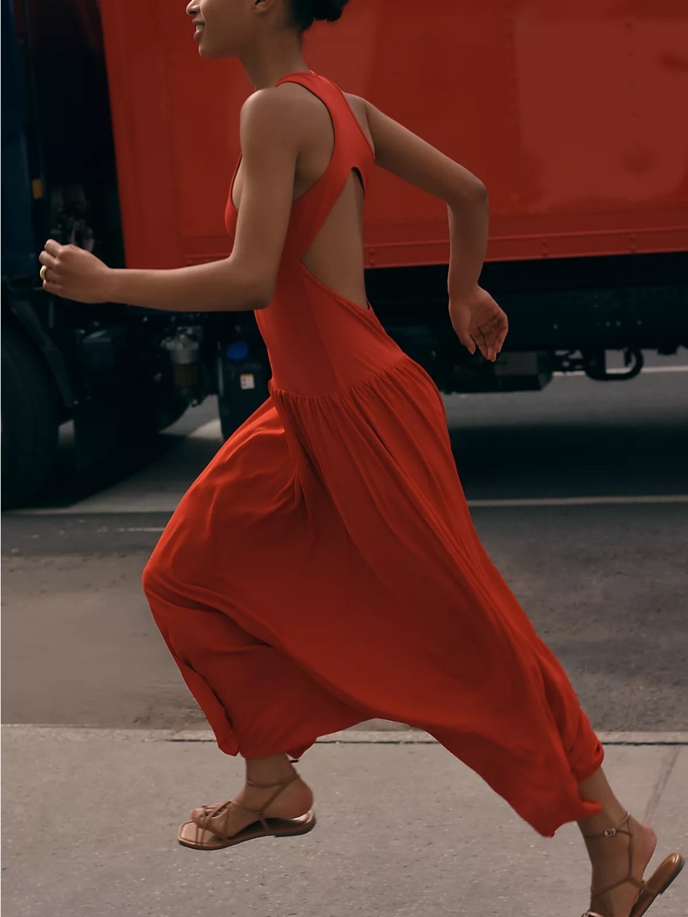 Backless Red Maxi Dropped Waist Dress with Open Back